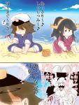  admiral_(kantai_collection) alternate_costume beach black_hair blush_stickers breasts brown_hair bucket covered_mouth haruna_(kantai_collection) hat headgear highres holding kantai_collection karakure_(kamo-nanban) midway_hime musical_note sand shinkaisei-kan translation_request water 