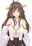  1girl ahoge black_eyes brown_hair detached_sleeves hairband isshiki_(ffmania7) japanese_clothes kantai_collection kongou_(kantai_collection) long_hair looking_at_viewer nontraditional_miko open_mouth solo wide_sleeves 