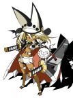  1girl belt chibi cloak dark_skin guilty_gear guilty_gear_xrd hat katana long_hair midriff navel orange_eyes ramlethal_valentine shiki_(gjmatpw) solo sword weapon 