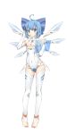  1girl ahoge bare_shoulders blue_eyes blue_hair bodysuit bow breasts bridal_gauntlets cirno hair_bow headset highres ice ice_wings mecha_musume mechanical_wings ootsuki_momiji solo thighs touhou under_boob white_legwear wings 
