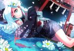  blue_eyes dutch_angle fish floral_print flower glowing hair_flower hair_ornament highres japanese_clothes kimono lily_pad lying marmalade_(elfless_vanilla) miniskirt night on_side original partially_submerged petals ripples skirt torii white_hair 