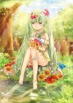  1girl blue_eyes creamsea flower green_hair hatsune_miku highres long_hair nature sitting smile solo twintails vocaloid 