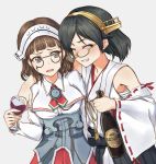  2girls bangs black_hair blunt_bangs brown_eyes brown_hair capelet closed_eyes cup detached_sleeves drunk glasses green-framed_glasses hairband headdress highres kantai_collection kirishima_(kantai_collection) multiple_girls nontraditional_miko pallad pince-nez remodel_(kantai_collection) roma_(kantai_collection) sarashi short_hair skirt wavy_hair wine_bottle wine_glass 