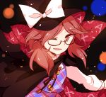  1girl bow brown_eyes brown_hair cape glasses hat hat_bow highres legacy_of_lunatic_kingdom long_sleeves one_eye_closed shirt skirt skirt_set smile solo touhou usami_sumireko yetworldview_kaze 