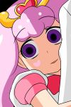  1girl empty_eyes go!_princess_precure hair_ornament heart heart-shaped_pupils highres hug hug_from_behind lavender_hair looking_at_viewer nishi_koutarou open_mouth pink_hair precure puff_(go!_princess_precure) smile solo_focus symbol-shaped_pupils 