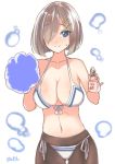  1girl black_legwear blue_eyes breasts front-tie_top hair_ornament hair_over_one_eye hairclip hamakaze_(kantai_collection) kantai_collection large_breasts midriff panties panties_over_pantyhose pantyhose pantyhose_under_swimsuit sensen short_hair side-tie_panties silver_hair swimsuit underwear underwear_only 