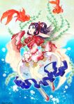  1girl blue_eyes fish goldfish indesign long_hair ore_no_shikabane_wo_koete_yuke ore_no_shikabane_wo_koete_yuke_2 purple_hair solo underwater water 