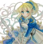  1girl alternate_hairstyle armor armored_dress blonde_hair dress excalibur fate/stay_night fate_(series) fina_(sa47rin5) highres ponytail saber solo traditional_media watercolor_(medium) wind 