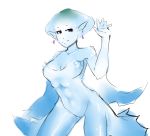  1girl bald blue_skin breasts cleavage cowboy_shot drawfag earrings fins jewelry monster_girl ocarina_of_time pointy_ears princess_ruto sketch smile solo the_legend_of_zelda violet_eyes waving zora 