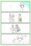  4girls 4koma ? asphyxiation blue_eyes brown_hair choke_hold choking comic commentary_request hair_ribbon highres hiryuu_(kantai_collection) japanese_clothes kantai_collection multiple_girls open_mouth partially_colored ribbon short_hair shoukaku_(kantai_collection) side_ponytail skirt souryuu_(kantai_collection) spoken_question_mark strangling translation_request twintails yatsuhashi_kyouto zuikaku_(kantai_collection) 