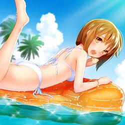  1girl bikini brown_eyes brown_hair hagiwara_yukiho idolmaster inflatable_raft lying nakahara_(fukufuku) on_stomach short_hair swimsuit 