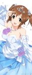  1girl \m/ bare_shoulders breasts brown_eyes brown_hair cleavage dress hair_ornament idolmaster idolmaster_cinderella_girls jewelry large_breasts long_hair mizuki_makoto necklace smile solo sparkle strapless_dress tiara totoki_airi twintails 