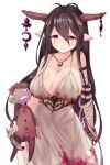  1girl antenna_hair bandages black_gloves black_hair blood breasts byakuya_mika cleavage danua doll dress fingerless_gloves gloves granblue_fantasy hair_between_eyes highres horn_ornament horns jewelry large_breasts long_hair pointy_ears red_eyes solo white_background 