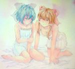  2girls acrylic_paint_(medium) all_fours alternate_costume arm_holding bare_arms barefoot blue_eyes blue_hair breasts brown_hair cirno cleavage graphite_(medium) hair_ribbon hair_tubes hakurei_reimu highres looking_at_another looking_down multiple_girls nightgown on_bed payot red_eyes ribbon short_hair sitting touhou traditional_media wariza watercolor_(medium) yuyu_(00365676) 