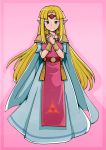 a_link_between_worlds blonde_hair blue_eyes bracer cape dress hands_together long_dress long_hair mizuki_hiyage pointy_ears princess_zelda smile the_legend_of_zelda