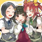  black_hair brown_eyes brown_hair gloves green_hair itomugi-kun kagerou_(kantai_collection) kantai_collection kuroshio_(kantai_collection) long_hair school_uniform serafuku short_hair smile takanami_(kantai_collection) twintails uniform 