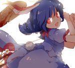  1girl animal_ears backlighting blue_hair bunny_tail highres legacy_of_lunatic_kingdom looking_at_viewer mallet open_mouth ponytail puffy_short_sleeves puffy_sleeves rabbit_ears red_eyes seiran_(touhou) shirt short_sleeves skirt skirt_set smile solo tail touhou yetworldview_kaze 