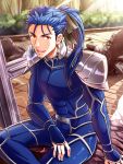  1boy blue_hair earrings fate/stay_night fate_(series) highres jewelry lancer ponytail red_eyes shimo_(s_kaminaka) sitting solo 