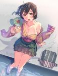  1girl bare_shoulders blush breasts brown_eyes brown_hair cleavage daito fan hiryuu_(kantai_collection) kantai_collection off_shoulder open_mouth paper_fan pleated_skirt short_hair side_ponytail sitting skirt solo sweat uchiwa 