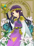  1girl a_link_between_worlds art_nouveau cape earrings elbow_gloves flower forehead_jewel gloves jewelry lily_(flower) long_hair making_of pointy_ears princess_hilda purple_hair red_eyes shoulder_pads solo somari staff the_legend_of_zelda tiara triforce white_gloves 