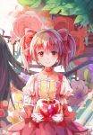  1girl apple bubble_skirt choker food fruit gloves hair_ribbon highres kaname_madoka looking_at_viewer magical_girl mahou_shoujo_madoka_magica pink_hair red_eyes ribbon short_hair short_twintails skirt smile solo tamaki_(more-bear) twintails white_gloves white_legwear 