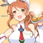  1girl :d bare_shoulders brown_eyes brown_hair detached_sleeves food kantai_collection littorio_(kantai_collection) long_hair long_sleeves maid_headdress necktie open_mouth pizza ponytail smile solo tenori twitter_username upper_body yellow_background 