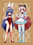  2girls :d ahoge blue_hair blush bow breasts bunny_tail bunnysuit cleavage covered_navel glasses green_eyes hair_bow highres izumi_konata long_hair looking_at_viewer lucky_star mizushima_(p201112) multiple_girls open_mouth pink_hair smile striped striped_legwear tail takara_miyuki thigh-highs very_long_hair violet_eyes 