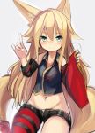  1girl animal_ears asymmetrical_clothes blonde_hair blush detached_sleeves fox_ears fox_tail green_eyes haik highres kokonoe_tsubaki long_hair midriff navel original pantyhose shirt short_shorts shorts smile solo tail thighs very_long_hair 