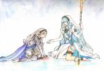  2girls aqua_(fire_emblem_if) armor barefoot blood blood_on_face blue_hair cape crying dress elbow_gloves fire_emblem fire_emblem_if gloves hair_between_eyes hair_ornament hairband long_hair multiple_girls my_unit_(fire_emblem_if) pointy_ears polearm red_eyes spear veil very_long_hair weapon yellow_eyes 