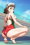  1girl ass barefoot blush brown_eyes brown_hair glasses hairband kantai_collection monteri one-piece_swimsuit roma_(kantai_collection) short_hair solo squatting swimsuit 