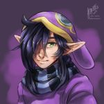  1boy a_link_between_worlds black_hair edo-sama face green_eyes hair_over_one_eye hat lips long_hair nose pointy_ears ravio scarf solo spoilers striped striped_scarf the_legend_of_zelda 