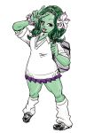  1girl :p bag el_pino eyeshadow flower full_body green_hair green_skin hair_flower hair_ornament highres kogal leg_warmers long_hair makeup marvel nail_polish nose pigeon-toed pleated_skirt purple_nails school_uniform she-hulk skirt sleeves_pushed_up solo tongue tongue_out v-neck v_over_eye violet_eyes wristband 