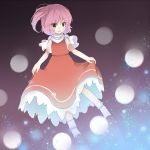  1girl air_bubble bobby_socks dress ellipsis_(mitei) gradient gradient_background highres light_particles looking_at_viewer open_mouth pink_hair sara_(touhou) short_hair short_sleeves side_ponytail skirt skirt_lift slippers socks solo touhou touhou_(pc-98) violet_eyes 