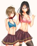  abs black_hair black_legwear blue_bra blue_eyes blush bra brown_eyes brown_hair hibike!_euphonium highres kawashima_sapphire long_hair navel pink_bra school_uniform serafuku short_hair skirt tanaka_asuka thigh-highs tony_guisado underwear violet_eyes 