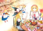  2girls alice_margatroid apron ascot blonde_hair blue_eyes blush bow braid capelet couple cup food hair_bow hairband hat instrument kirisame_marisa long_hair multiple_girls open_mouth playing_instrument rue_(wyha666) shanghai_doll short_hair side_braid smile teacup touhou violin waist_apron witch_hat yellow_eyes 
