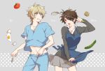  1boy 1girl aldnoah.zero apron blue_eyes blush egg eyepatch fork genderswap kaizuka_inaho knife ladle open_mouth red_eyes skirt slaine_troyard vegetable 