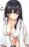  1girl absurdres all_fours black_hair blush bottomless breasts cleavage commentary_request dress_shirt grey_eyes highres kantai_collection large_breasts leaning_forward long_hair looking_at_viewer naked_shirt saku_(kudrove) shirt solo ushio_(kantai_collection) 