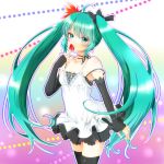  1girl absurdres ahoge aoi_(kiyokiyoaomushi) blush dress elbow_gloves fingerless_gloves food fruit gloves green_eyes green_hair hatsune_miku highres long_hair looking_at_viewer nail_polish solo strawberry thigh-highs twintails very_long_hair vocaloid 