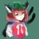  1girl animal_ears bow brown_hair cat_ears cat_tail chen dress mob_cap multiple_tails nekomata red_dress red_eyes rosette_(roze-ko) shirt solo tail touhou upper_body 