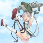  1girl :d ahoge akitsushima_(kantai_collection) anchor_hair_ornament armpit_cutout armpits arms_up double-breasted flying green_skirt hair_ornament ido_(teketeke) kantai_collection leg_garter legs_up military military_uniform nishikitaitei-chan open_mouth pleated_skirt purple_hair side_ponytail skirt smile thigh-highs uniform violet_eyes 