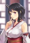  1girl bare_shoulders black_hair blurry blush breasts depth_of_field detached_sleeves finger_to_mouth hair_ornament kantai_collection lips looking_at_viewer nail_polish nontraditional_miko obi red_eyes sash short_hair solo tan_taka upper_body yamashiro_(kantai_collection) 