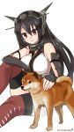  1girl artist_name bare_shoulders black_hair blush breasts dated dog elbow_gloves fingerless_gloves gloves hairband headgear highres kantai_collection kuro_chairo_no_neko large_breasts long_hair nagato_(kantai_collection) red_eyes shiba_inu sitting smile solo thigh-highs white_background 