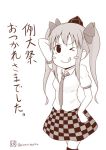  1girl ;p blush_stickers checkered checkered_skirt commentary_request hat himekaidou_hatate monochrome necktie one_eye_closed sazanami_konami short_sleeves skirt solo thigh-highs tokin_hat tongue tongue_out touhou translation_request twintails twitter_username 