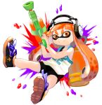  1girl bike_shorts headphones inkling kineshin nintendo orange_eyes orange_hair paint_splatter shoes smile sneakers splatoon super_soaker tank_top tentacle_hair tentacles 