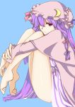  1girl absurdres barefoot crescent_hair_ornament hair_ornament hat highres legs long_hair patchouli_knowledge purple_hair sitting thighs touhou violet_eyes 
