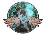 1girl artist_request black_hair bloodstained:_ritual_of_the_night detached_sleeves flower gauntlets horns looking_back miriam_(bloodstained) official_art rose stained_glass transparent_background wings 