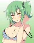  1girl alternate_hairstyle bikini blush breast_hold breasts cleavage collarbone floral_print flower gradient gradient_background green_eyes green_hair hikage_(senran_kagura) ichiryuu_tsumiki o-ring_bikini o-ring_top one_side_up open_mouth rose senran_kagura senran_kagura_(series) short_hair skindentation slit_pupils solo strap_slip swimsuit upper_body yellow_eyes 