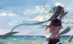  1girl aqua_eyes aqua_hair clouds floating_hair from_behind hatsune_miku long_hair school_uniform serafuku sishenfan sky solo twintails very_long_hair vocaloid water 