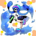  1girl baseball_cap bike_shorts blue_eyes blue_hair grin hat inkling looking_back nintendo paint_splatter pointy_ears running shoes smile sneakers splatoon super_soaker t-shirt tentacle_hair tentacles tobitori trigger_discipline weapon 