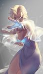  1girl blonde_hair blue_dress blue_eyes braid capelet dress elsa_(frozen) frozen_(disney) glowing glowing_eyes long_hair looking_at_viewer outstretched_arm reaching_out serious single_braid sketch sky_of_morika solo 